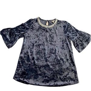 Monteau Velvet Velour Embellished Beaded slate Blue Bell Sleeve Top blouse-6X